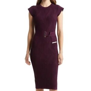 NWT Vince Camuto Belted Jacquard Sheath Dress In Wine - size large